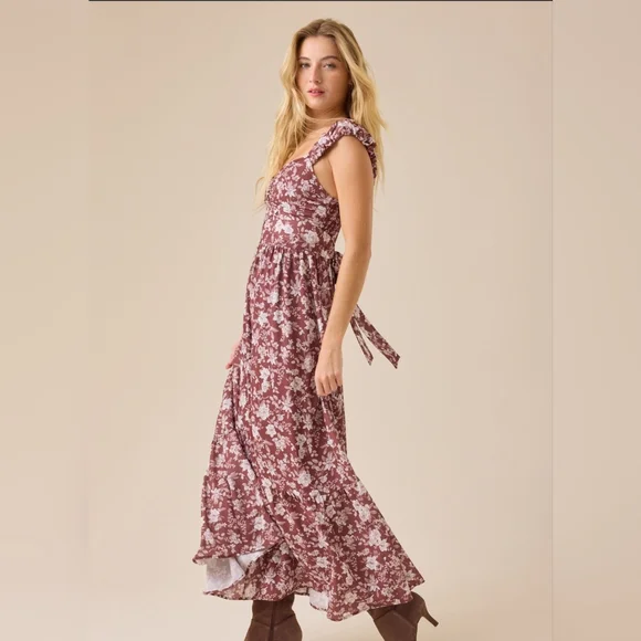 Altar'd State Dress NWT Size M Brown Floral Flowy Lined Maxi Fairy Cottagecore - Picture 2 of 7